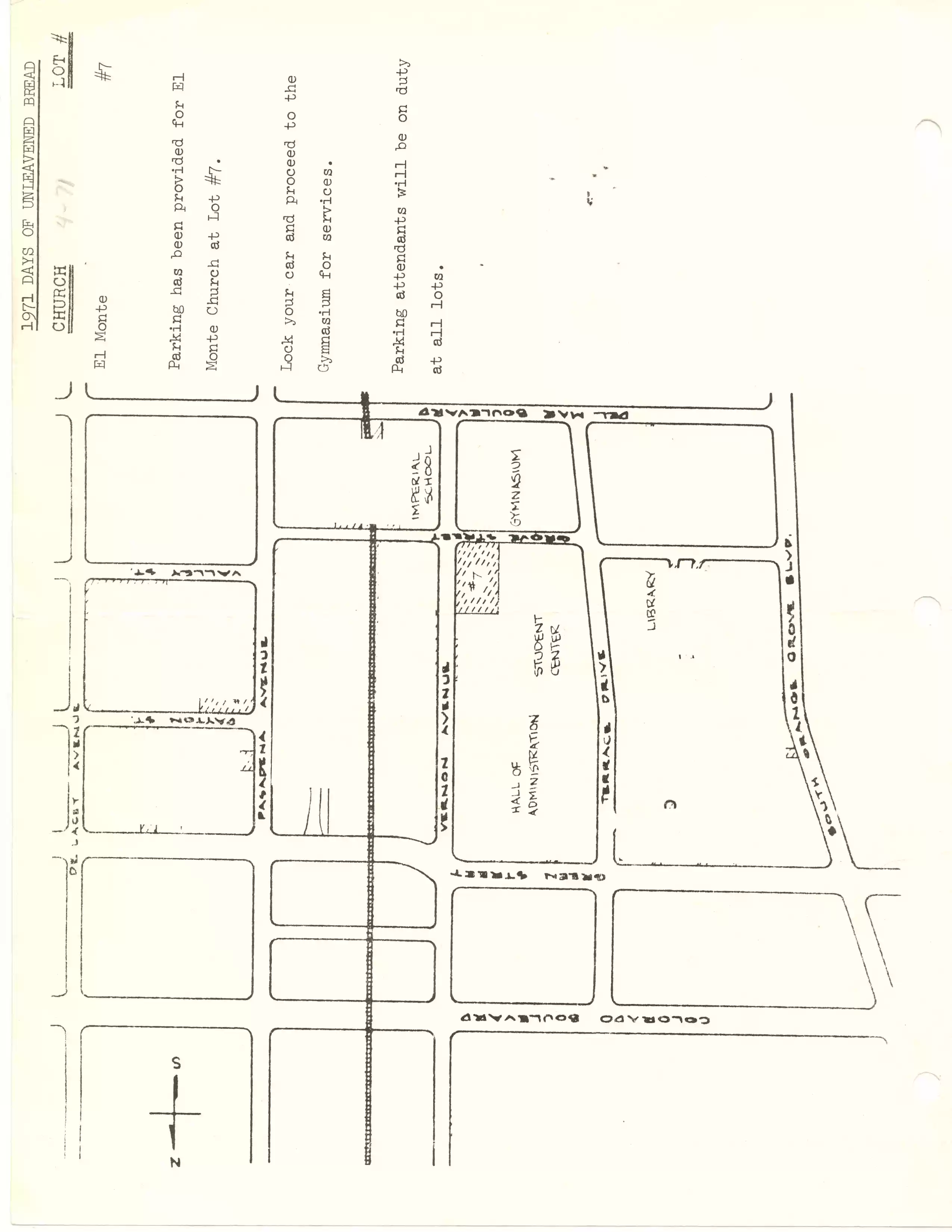El Monte church parking map at AC for Days of Unleavened Bread, 4-1971